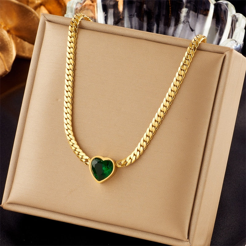 DIEYURO 316L Stainless Steel Heart White Green Crystal Pendant Necklace For Women New Trend Girls Clavicle Chain Jewelry Gifts - luckacco