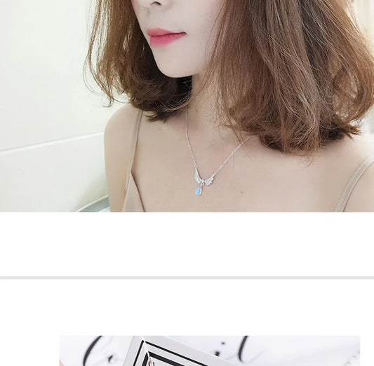 Luckacco 925 Sterling Silver Jewelry Wing Water Drop Crystal Chain Necklaces With Pendant For Women Elegant Accessories