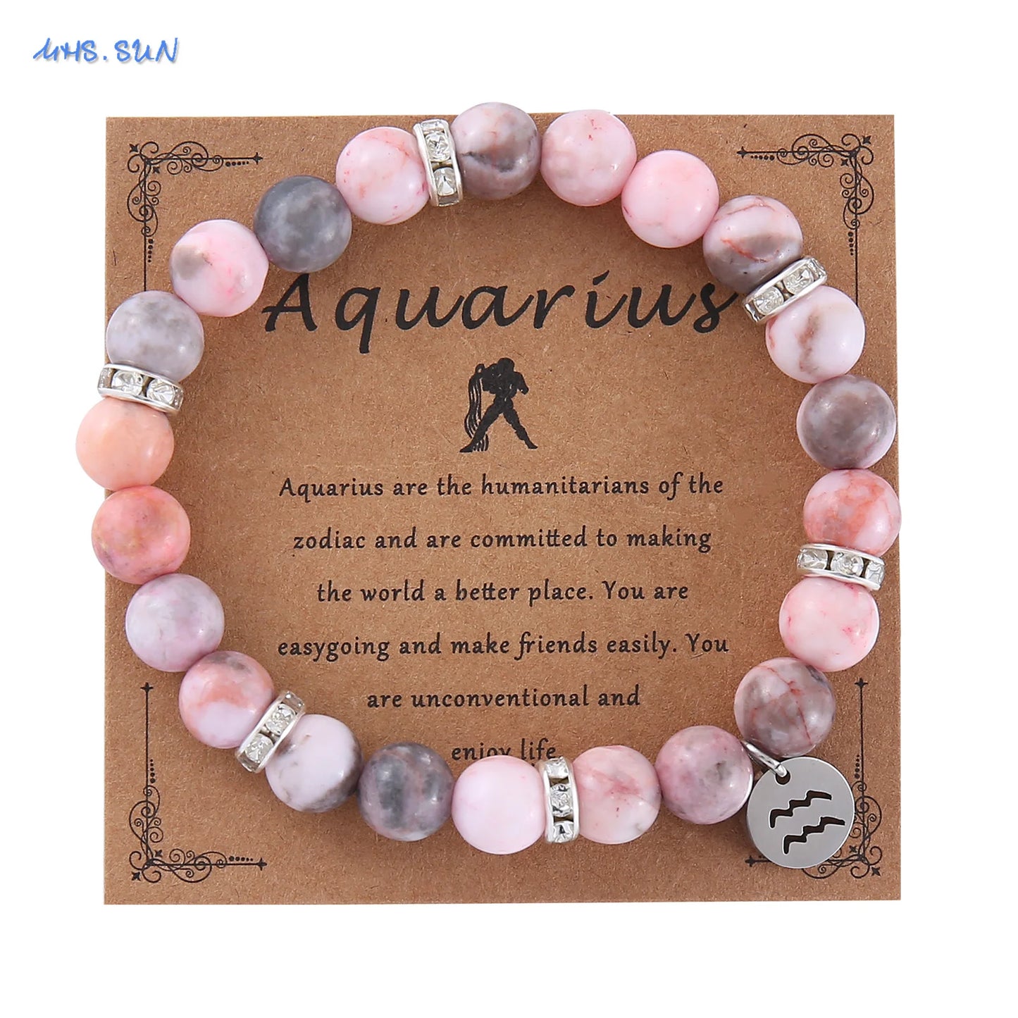 luckacco mhs.sun 12 star zodiac sign pink zebra stone beaded bracelets constellation fashion birthday party jewelry for women men