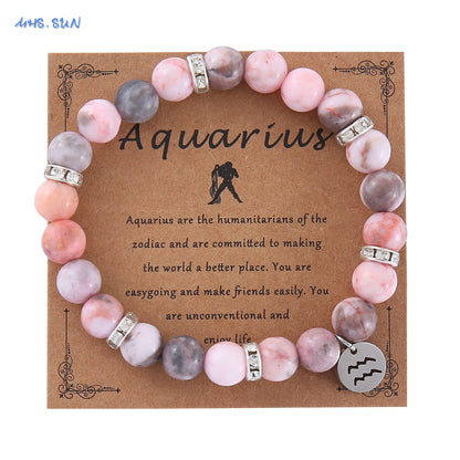 Luckacco MHS.SUN 12 Star Zodiac Sign Pink Zebra Stone Beaded Bracelets Constellation Fashion Birthday Party Jewelry For Women Men