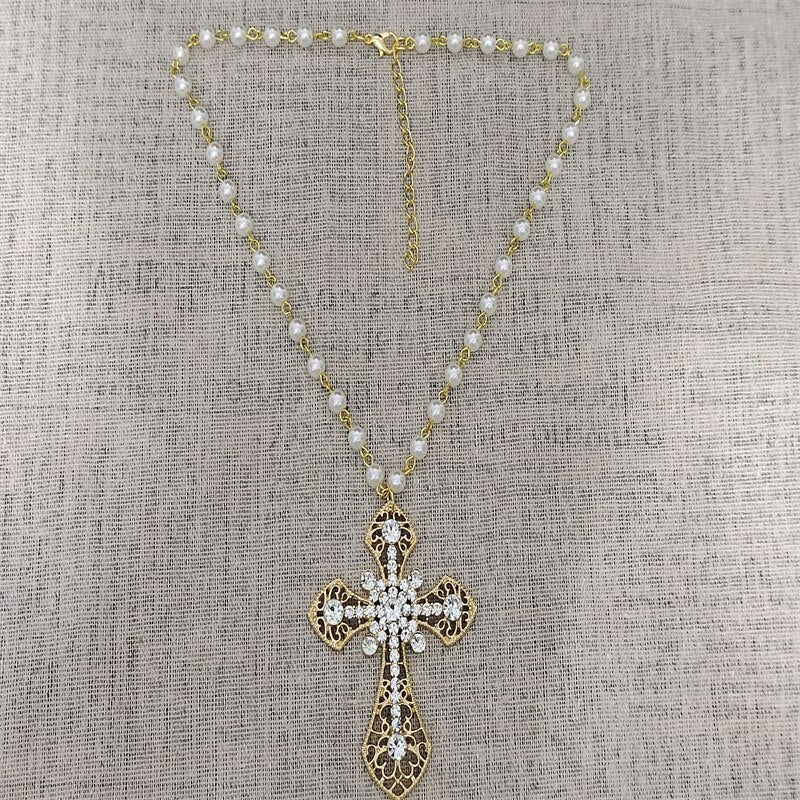 Victorian Big Cross Pendant Necklace White Pearl Choker Vampire Cross Rosary Goth Punk Crystal Cross Metal Jewelry Accessories - luckacco
