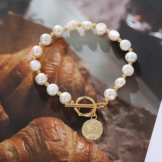 Luckacco DAINASHI 7-8mm Baroque Natural Freshwater Pearl Charm Bracelet for Women OT Clasp Women's Hand Bracelet Jewelry Gifts