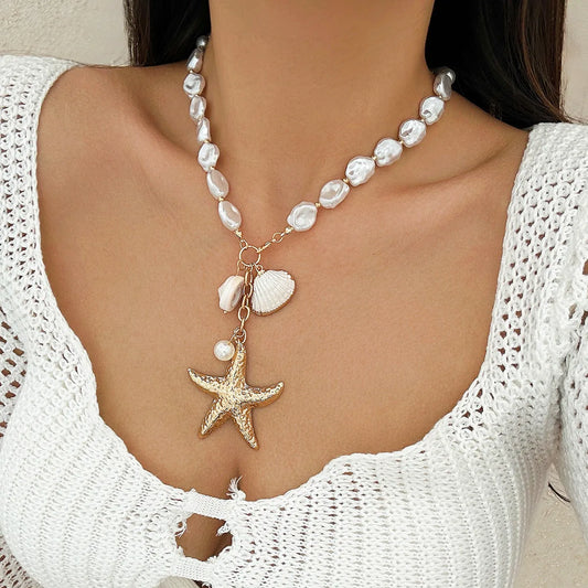 Luckacco Boho Shell Starfish Gold Color Pendant Necklace Women's 2024 Vintage  Pearl Imitation Sweet Girl Fashion Charm Beach Jewelry