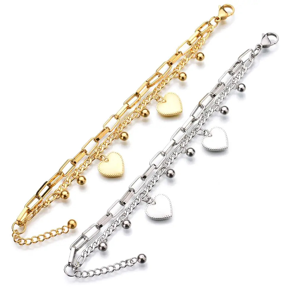luckacco punk double layer love heart charm bracelet female 19cm gold silver color stainless steel chain link bracelets for women jewelry