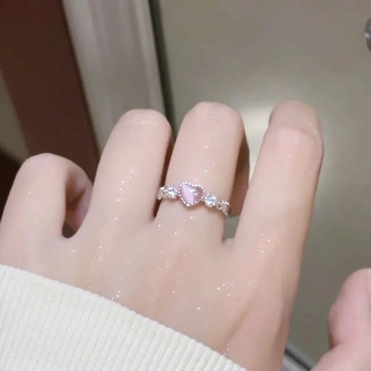 Luckacco Vintage Silver Color Ring Pink Heart Opal Creative Finger Ring Aesthetic Cute Punk Rings for Women Charm Jewelry Accessories