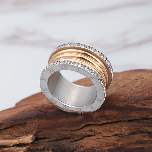 Luckacco Elegant Stainless Steel Large Rings for Women Roman Alphabet Shiny Zircon Ring Chunky Anillos Mujer Party Wedding Jewelry Luxury