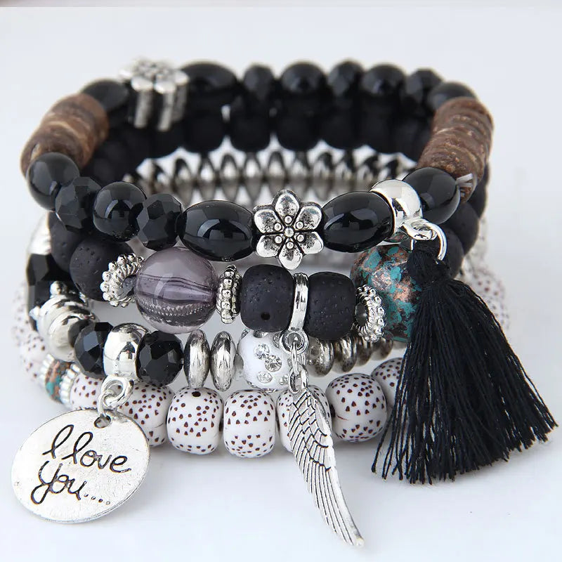 luckacco diezi bohemian multicolor pink crystal beads bracelets women girls elastic tassel wing letters rope bracelet pulseira feminina
