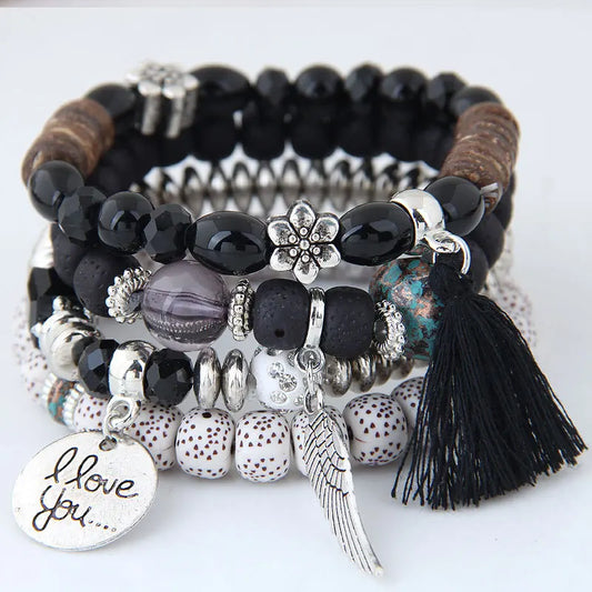 Luckacco DIEZI Bohemian Multicolor Pink Crystal Beads Bracelets Women Girls Elastic Tassel Wing Letters Rope Bracelet Pulseira Feminina