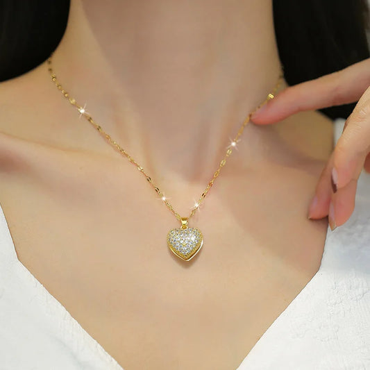 Luckacco picks French Shell Pearl Necklace For Women Gold Color Stainless Steel Zircon Love Heart Clavicle Chain Choker Wedding Jewelry
