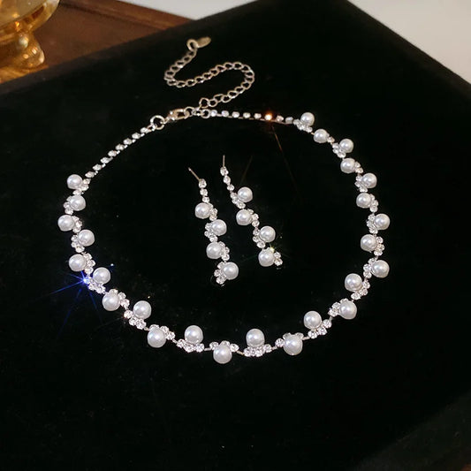 Luckacco 3 Pcs Rhinestone Pearl Rectangular Earrings Necklace Set Two-piece Vintage Choker Accessory Light Luxury Jewelry Sets Wedding