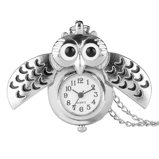 Luckacco Tiny Cute Owl Shaped Pendant Necklace Pocket Watch for Kid Men Women Retro Quartz Pocket Clock Gifts Arabic Numerals Dial