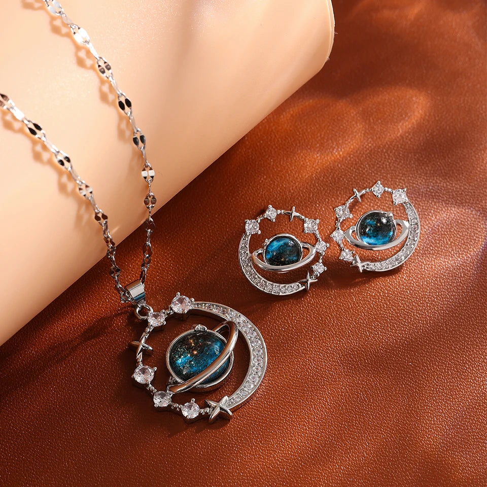 luckacco light luxury titanium steel star series necklace for women gold color planet moon astronaut pendant necklaces jewelry gifts