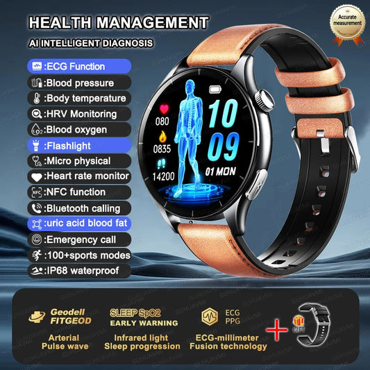 Luckacco 2025 New Health Analysis ECG+PPG Smart Watch Body Fat Uric Acid Blood Pressure Heart Rate Tracker NFC Smartwatch For Android IOS