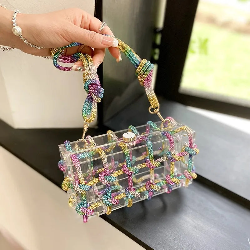 Diamond Clear Acrylic Box Evening Clutch Bags Women New Boutique Woven Knotted Rope Rhinestone Purses And Handbags Wedding Party