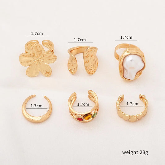 Luckacco 6pcs Set Personality Trend Liquid Metal Lava Flower Baroque Imitation Pearl Zircon Opening Rings for Women Jewelry Sets Gifts