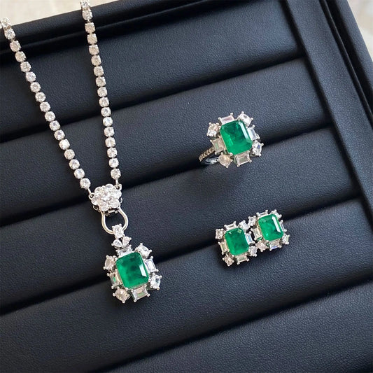 Luckacco Valuable Lab Jade Diamond Jewelry set 925 Sterling Silver Engagement Wedding Rings Earrings Necklace For Women Bridal Party Gift