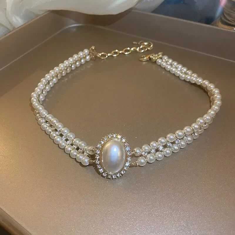 luckacco oval imitation pearl rhinestones double-layered ckokers necklaces for women light luxury temperament fashion jewelry party gifts
