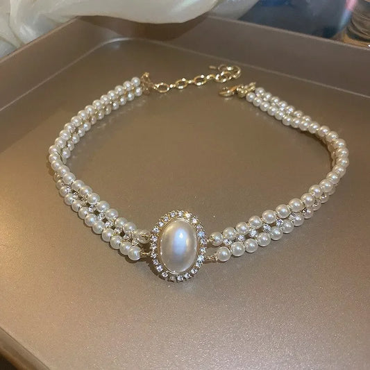 Luckacco Oval Imitation Pearl Rhinestones Double-Layered Ckokers Necklaces for Women Light Luxury Temperament Fashion Jewelry Party Gifts