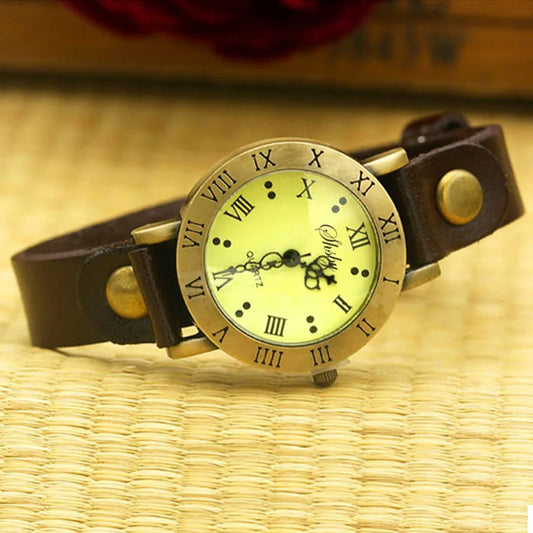 Luckacco Shsby New Rome Vintage Cow Leather Strap Watches Women Dress Bracelet Watches Female Bronze Quartz Watch Student Leisure Watch