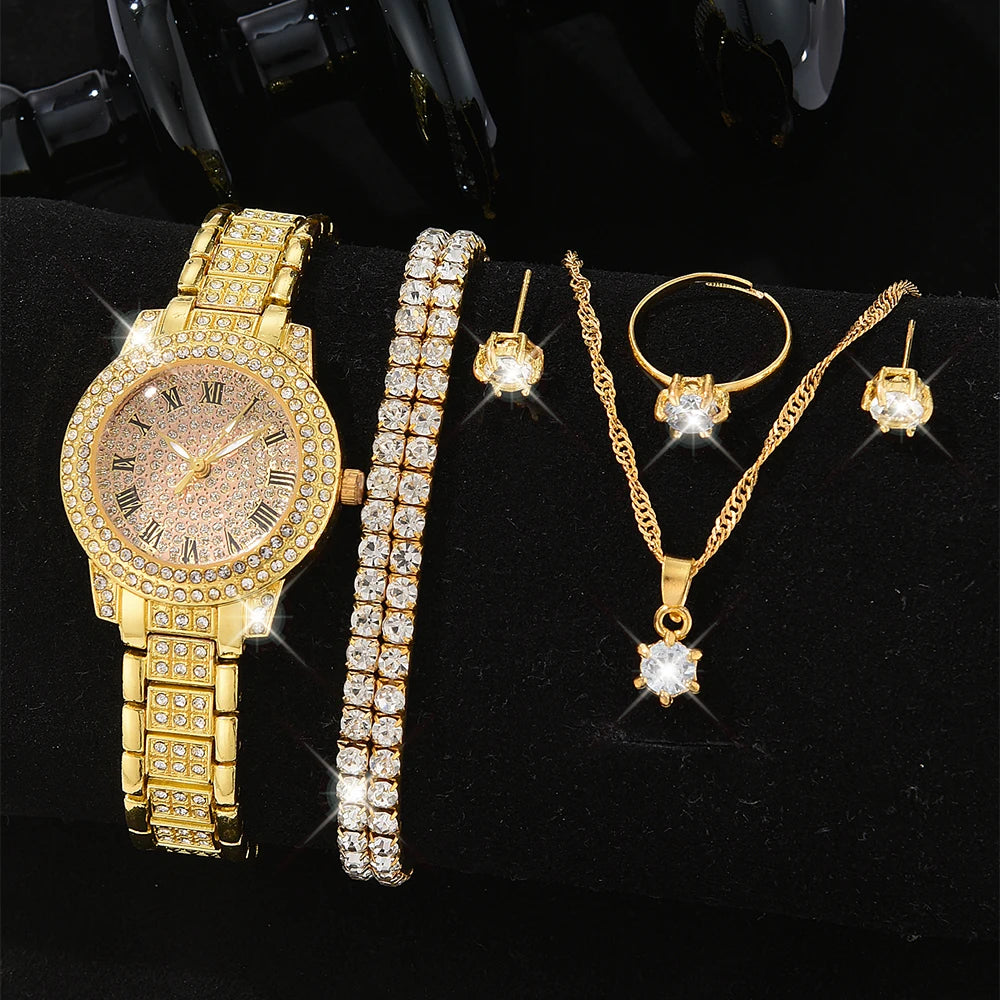 luckacco luxury women gold watch fashion ladies quartz diamond wristwatch elegant female bracelet watches set reloj mujer