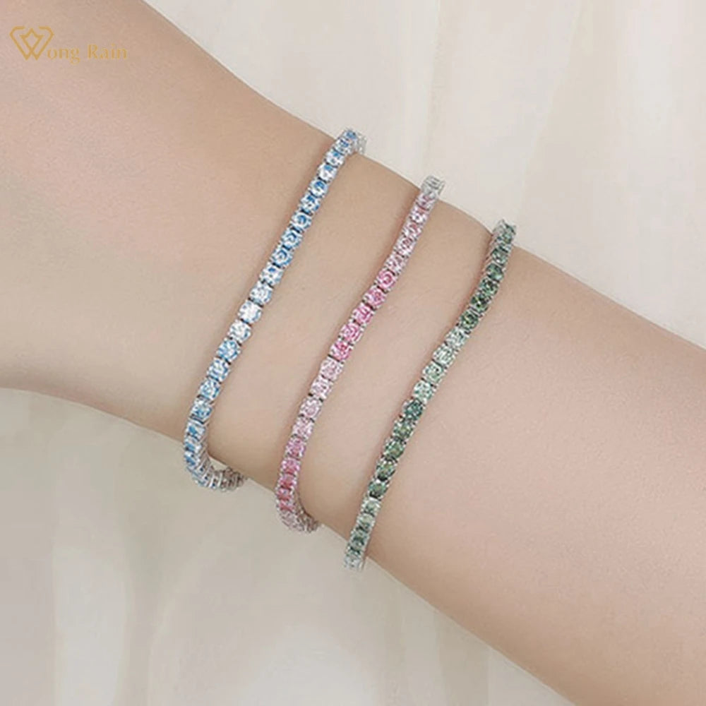 luckacco wong rain 925 sterling silver 3ex colorful 3 mm real moissanite diamonds gemstone tennis chain bracelets bangle fine jewelry