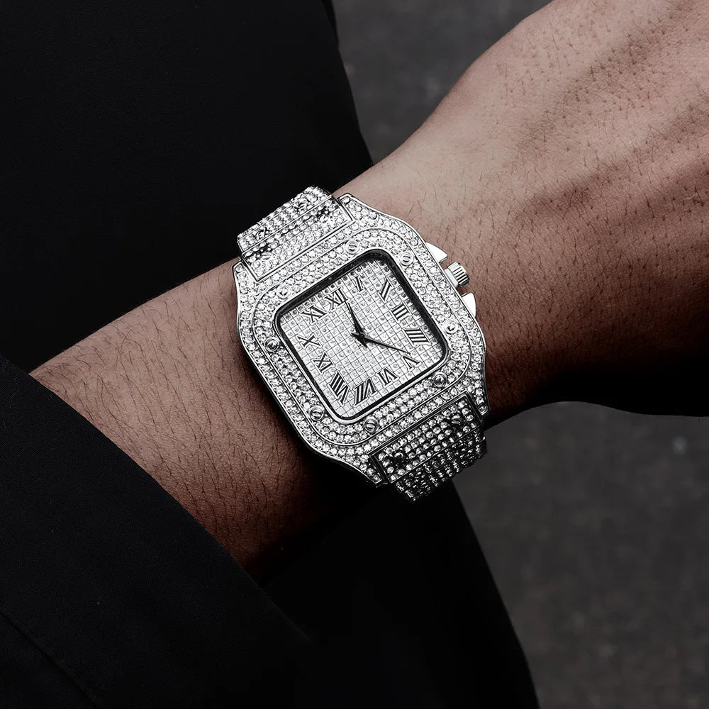 luckacco luxury classic business men's steel strap square roman scale rhinestone quartz watch fashion male wristwatch relogio masculino
