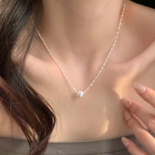 Luckacco 925 Sterling Silver Geometric Shape Necklace Simple Charming Woman Round Bead Pendant Choker Birthday Gift Exquisite Jewelry