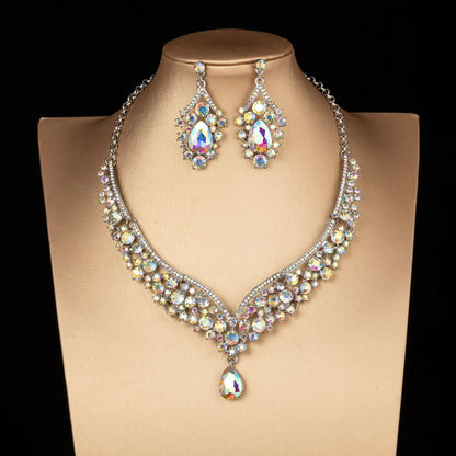 Luckacco Luxury Crystal AB Color Choker Necklace Earrings Set Rhinestone Bridal Jewelry Sets for Bride Wedding Party Costume Bijoux Femme