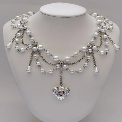 Luckacco Pearl Heart Locket Style Layered Necklace Handmade Y2K Necklace Perfect For Weddings Prom or Victorian/Regency Cosplay Jewelry
