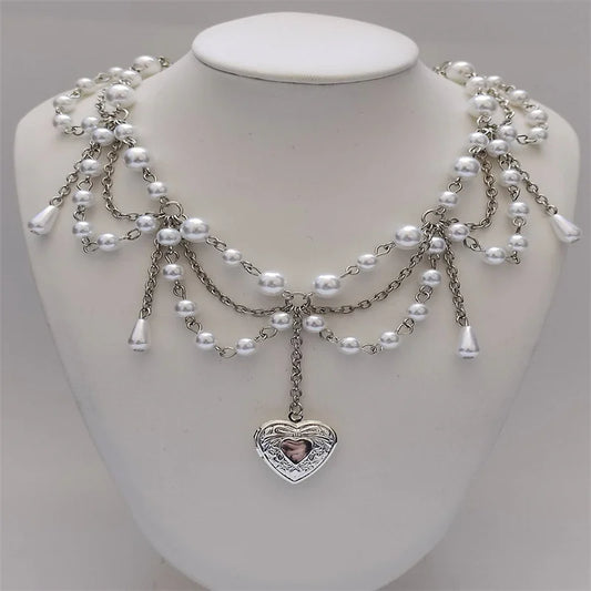 Luckacco Pearl Heart Locket Style Layered Necklace Handmade Y2K Necklace Perfect For Weddings Prom or Victorian/Regency Cosplay Jewelry