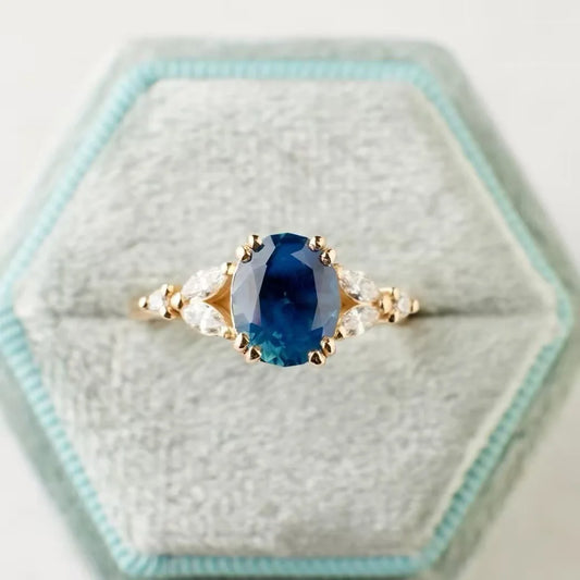 Luckacco Elegant Gold Color Round Oval Flower Rings for Women White Blue Stone Rings Jewelry Party Gift
