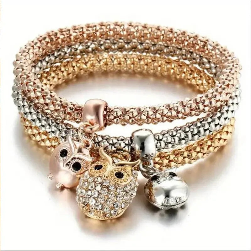 luckacco 3 pcs set heart lock key music sign charm bracelet owl rose gold plating silver color chain owm charm bangle jewelry set