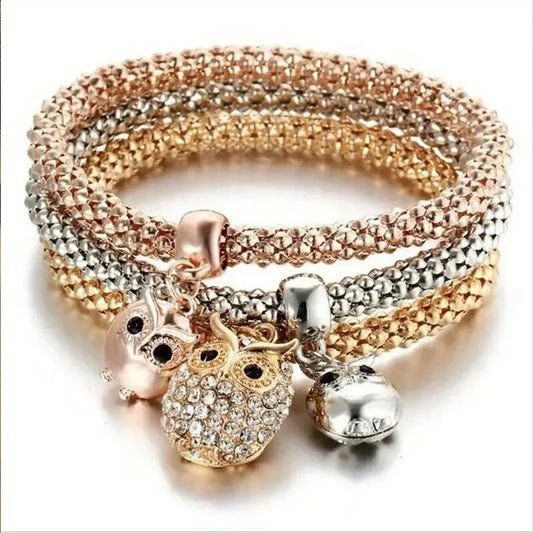 Luckacco 3 PCS Set Heart Lock Key Music Sign Charm Bracelet Owl Rose Gold Plating Silver Color Chain Owm Charm Bangle Jewelry Set