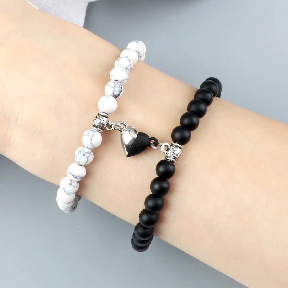 luckacco 2pcs/set sliver black color magnet pendant bracelets 6mm 8mm white porcelain black line beads couple bracelet jewelry gift new