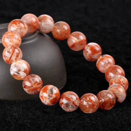 Luckacco Natural Orange White Sericite Snow Phantom Quartz Bracelet Crystal Clear Round Beads Bracelet 9mm 10mm AAAAA