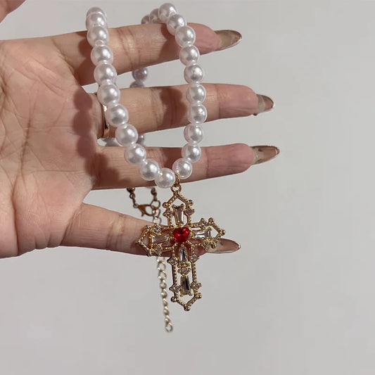 Luckacco Vintage Red Rose Baroque Cross Pearl Pendant Necklace for Women's Palace Aesthetic Jewelry