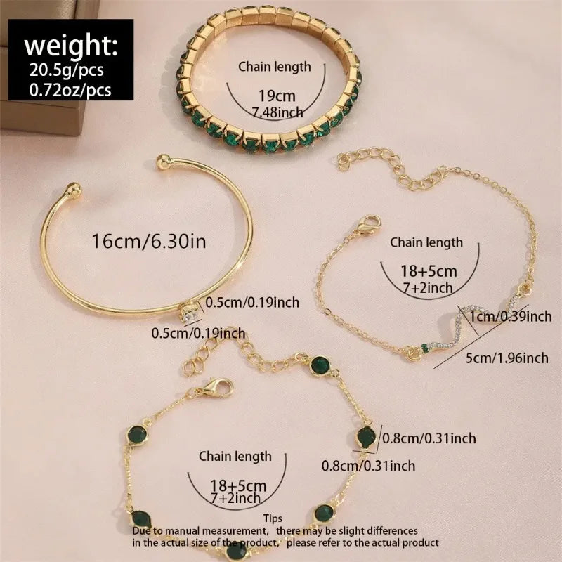 luckacco 4pcs/set fashion snake green gemstone bangle rhinestone full metal bracelets for women birthday party wedding jewerly gifts