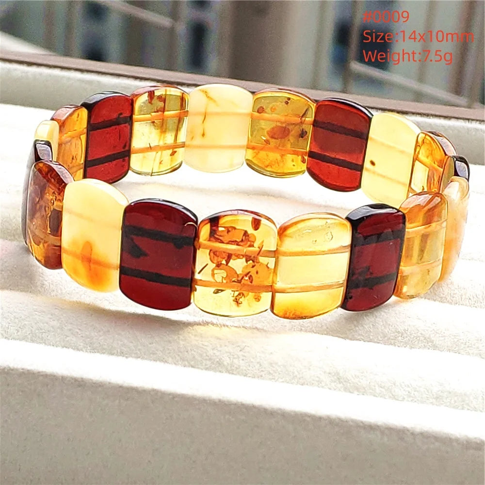 luckacco natural piebald amber bracelet rectangle beads blood red yellow flower amber women men healing stretch jewelry aaaaa