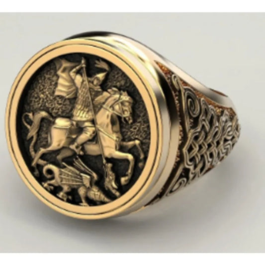 Luckacco Vintage St George and The Dragon Rings for Men Stainless Steel Jewelry Soldier's Protector Courage Luck Ring on The Battlefield