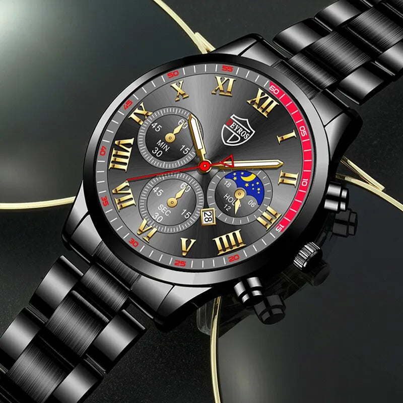 luckacco 2pcs fashion mens calendar watches luxury male stainless steel quartz wristwatch luminous clock men bracelet wrist watch