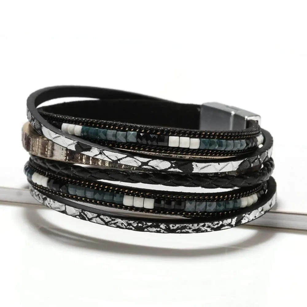 luckacco multilayer brown leather bracelet for women fashion creative bohemian hand woven magnetic clasp bracelet