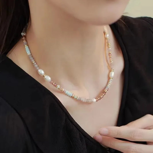 Luckacco Minar Retro Colorful Natural Stone Crystal Freshwater Pearl Strand Beaded Necklace for Women 14K Real Gold Plated Copper Chokers