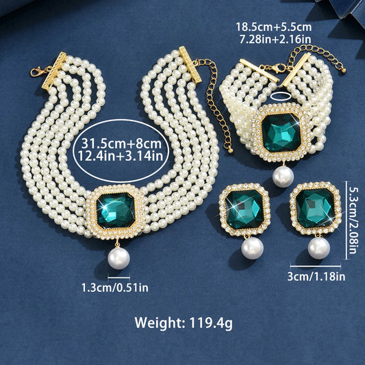 Luckacco Women's Fashion Light Luxury Short Style Imitation Pearl Rhinestone Necklace Earrings Bracelet Jewelry Set Party Festival Gift