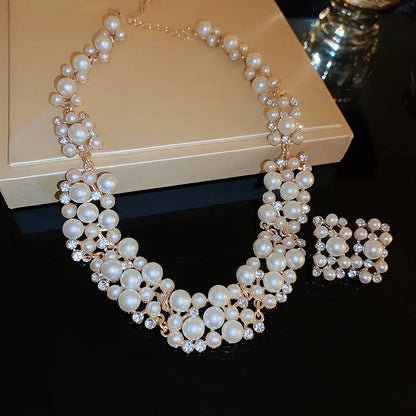 Luckacco 3 Pcs Rhinestone Pearl Rectangular Earrings Necklace Set Two-piece Vintage Choker Accessory Light Luxury Jewelry Sets Wedding