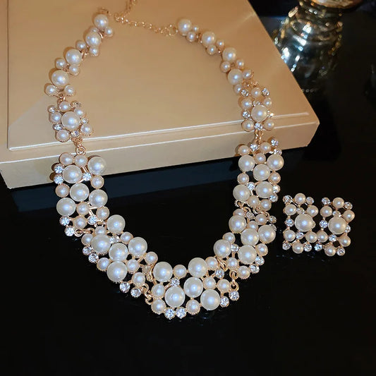 Luckacco 3 Pcs Rhinestone Pearl Rectangular Earrings Necklace Set Two-piece Vintage Choker Accessory Light Luxury Jewelry Sets Wedding