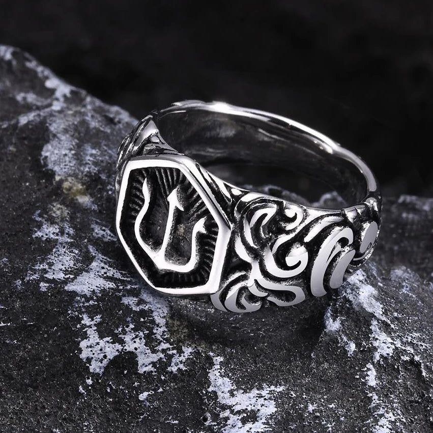 luckacco 13.3mm poseidon trident ring for men ancient greek new stainless steel amulet ring jewelry gift
