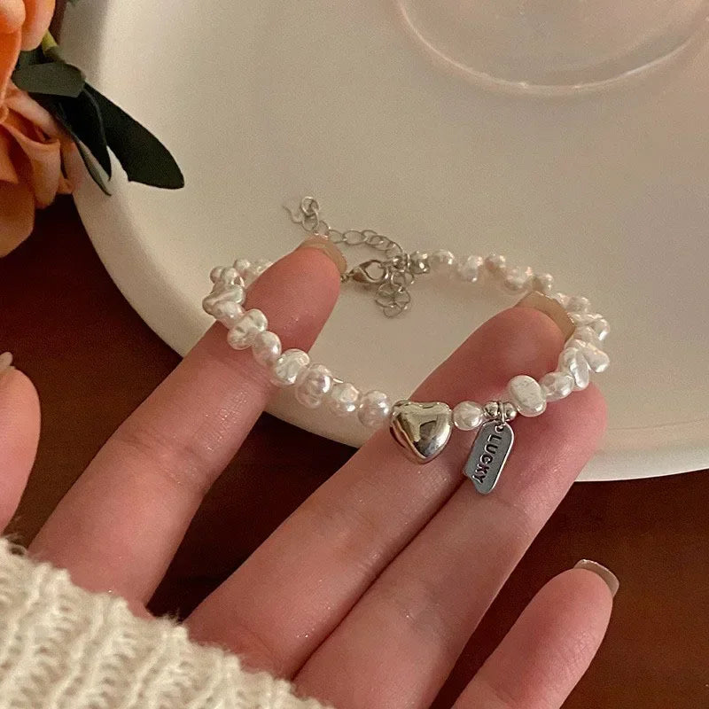 luckacco new 925 sterling silver bracelet pearls knots bracelet for women fashion heart pearls bracelet  luxury jewelry accessories gift