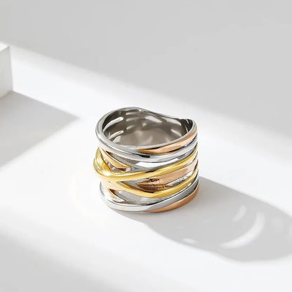 Luckacco Stainless Steel Multilayer Cross Wide Band Ring for Women Men Size 6-11