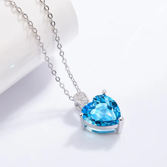 Luckacco Women's Exquisite 925 Sterling Silver Necklace with Blue Zircon Crystal Love Heart Pendant Charm Jewelry Gift