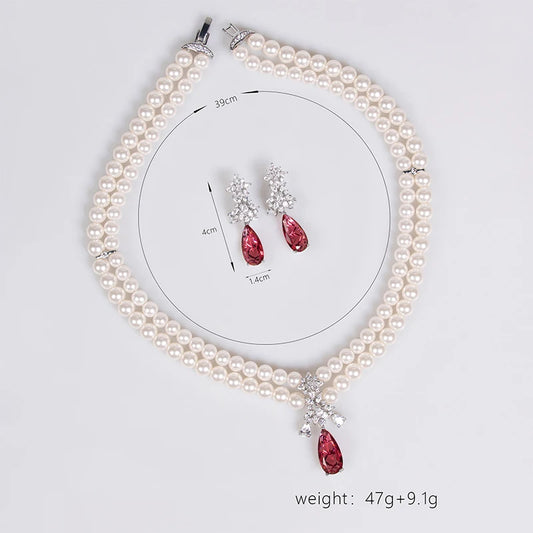 Luckacco Women's Light Luxury Design Imitation Pearl Water Droplet Necklace Earring Set Fashionable And Versatile Niche Design Sense Set